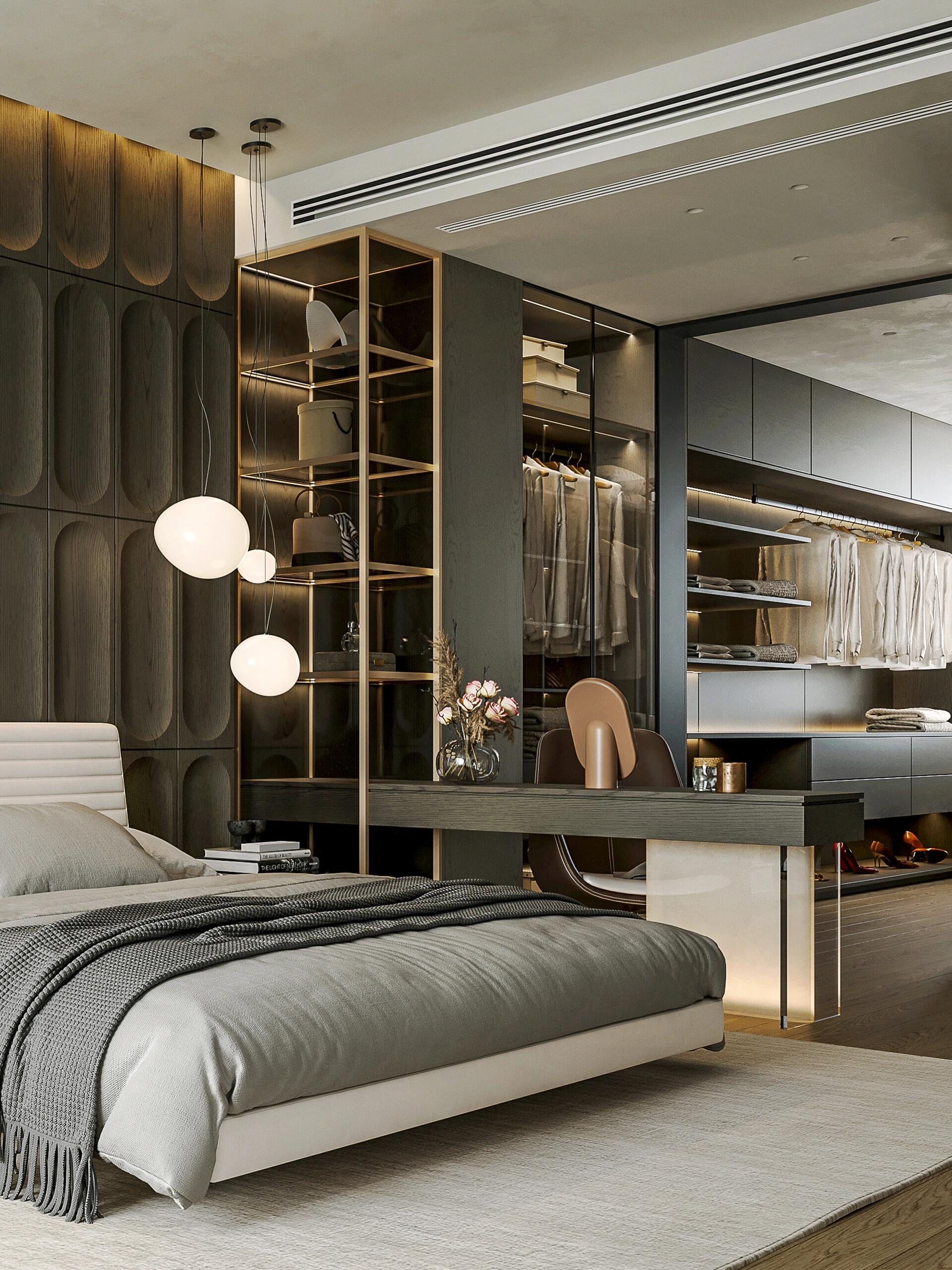 意式风格很关键的就是全屋定制,黑色免拉手平板柜门