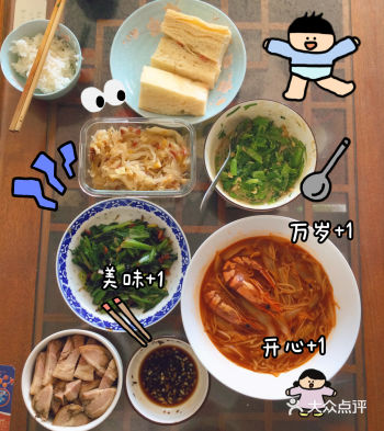 今天吃酸菜腊肉粉条+豆豉腊肉油麦菜+番茄金针菇+麻酱