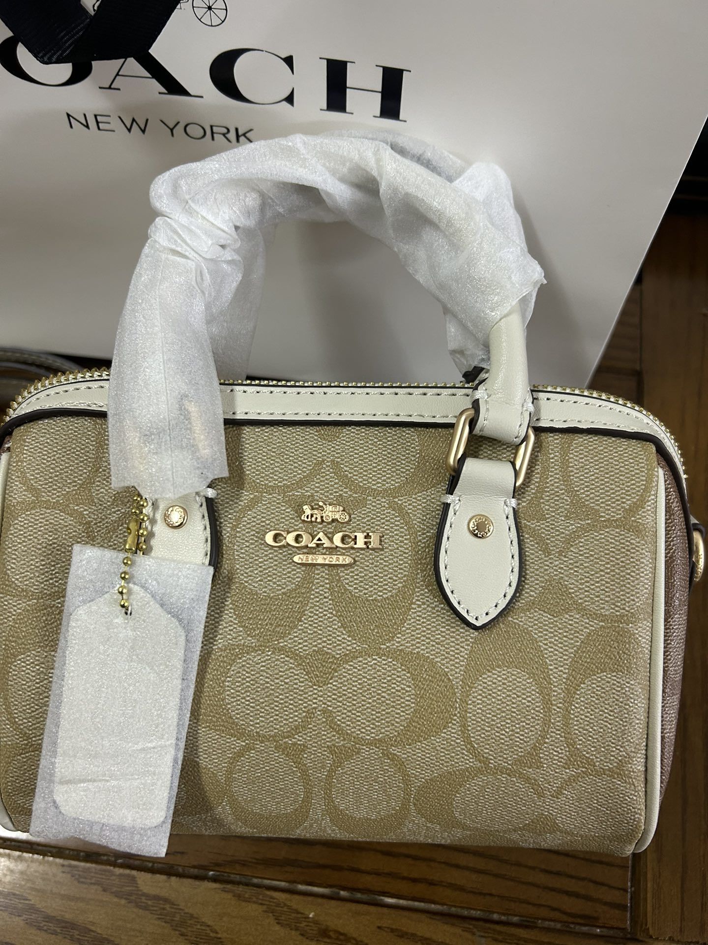 寇驰波士顿包单肩斜挎手提白卡其色