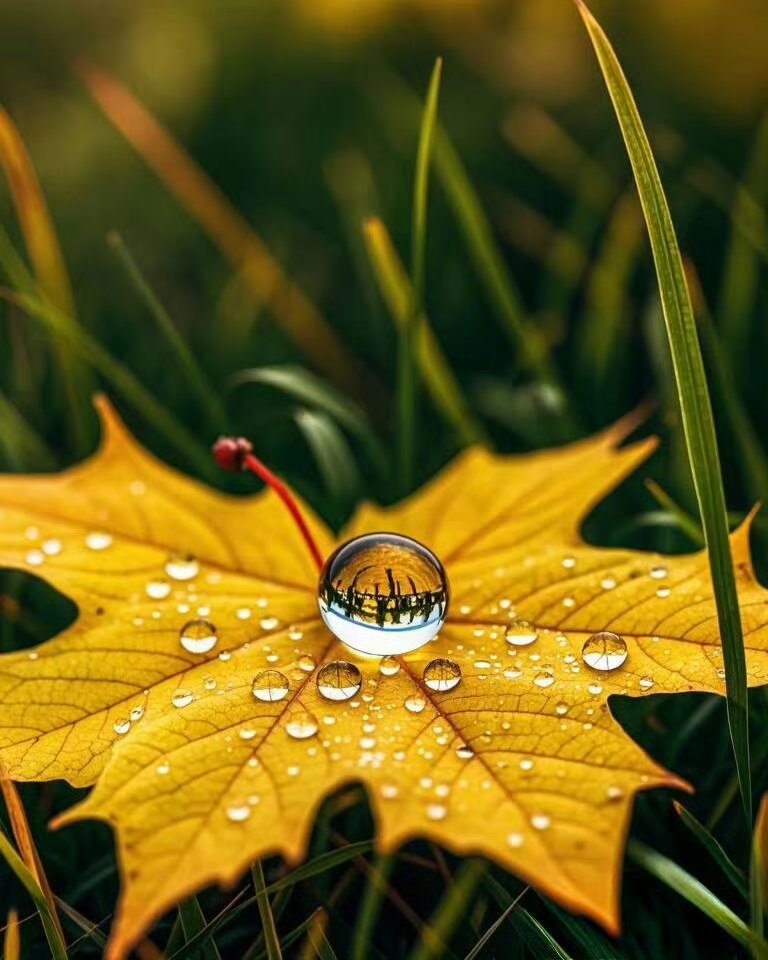 枫叶上的雨滴唯美图片图片