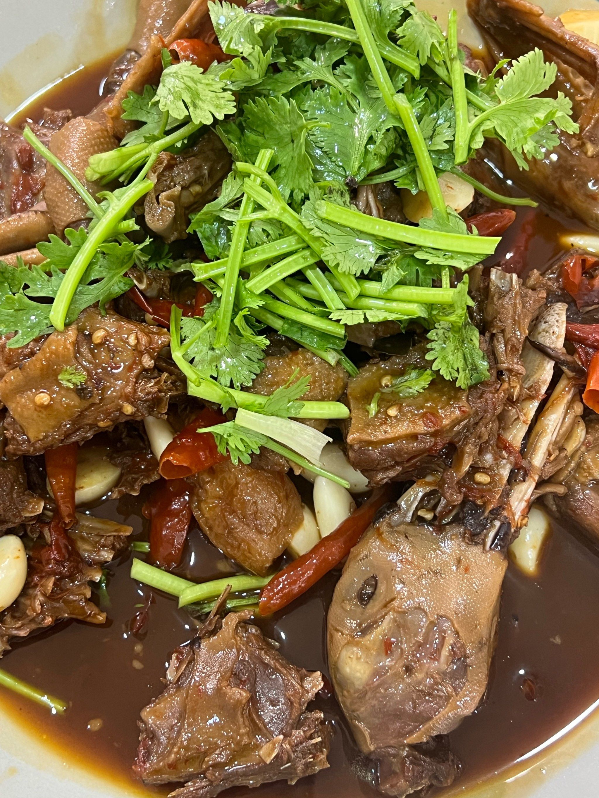 吃辣就点剁椒鱼头
千岛啤酒鸭能吃出是老鸭 很有韧性
泡椒鸡胗