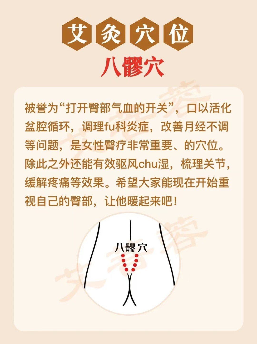 艾灸穴位
八膠穴
被誉为"打开臀部气血的开关",口以活化盆腔循环