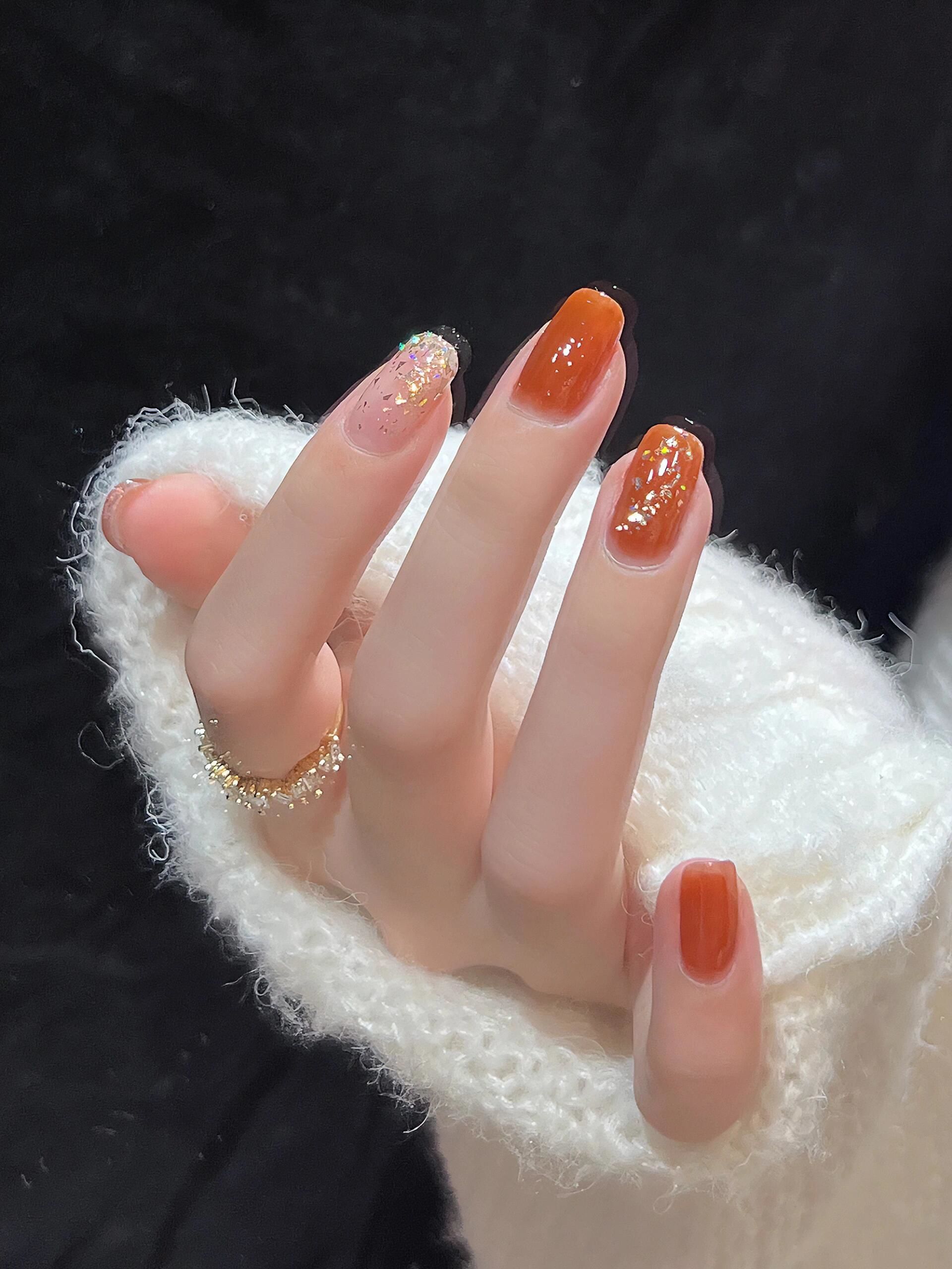 微光甜橘🍊南瓜色金箔显白美甲