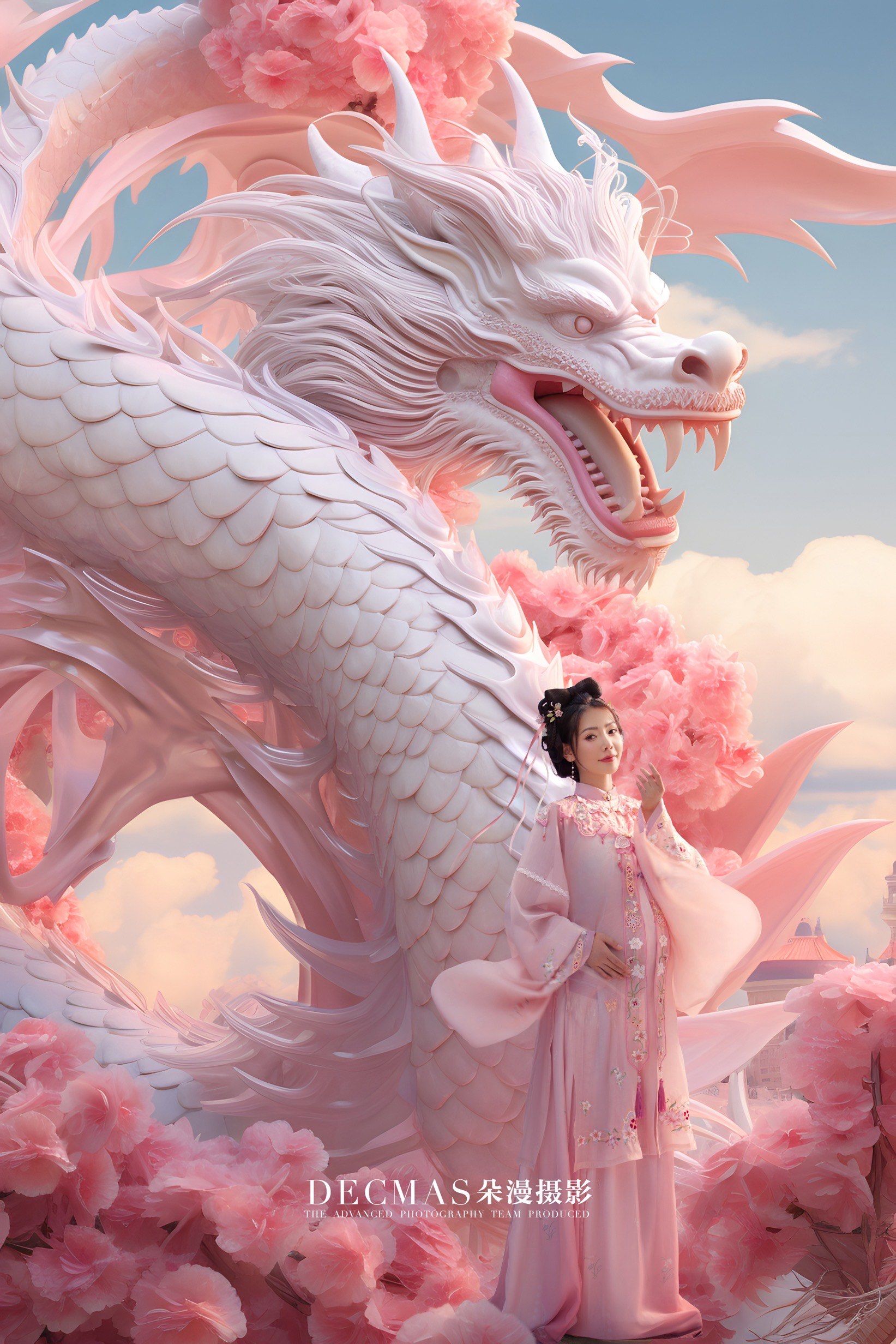 明年就是龙年了,粉色汉服龙年主题孕妇照,真人拍摄ai设计,有喜欢的孕