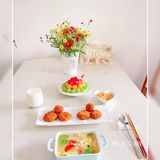 早餐～酥炸糯米糕、番茄疙瘩汤、水果
