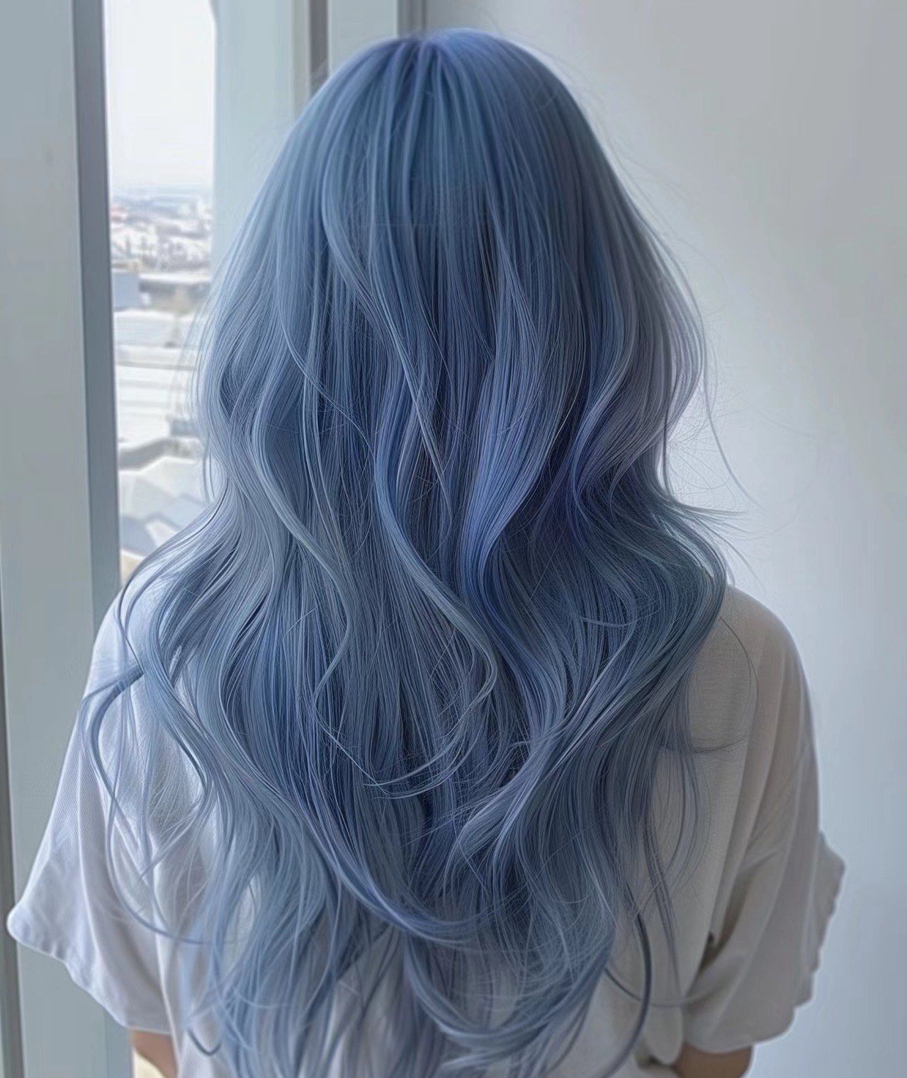染上浅蓝发色,宛如将澄澈天空披于发间.冷