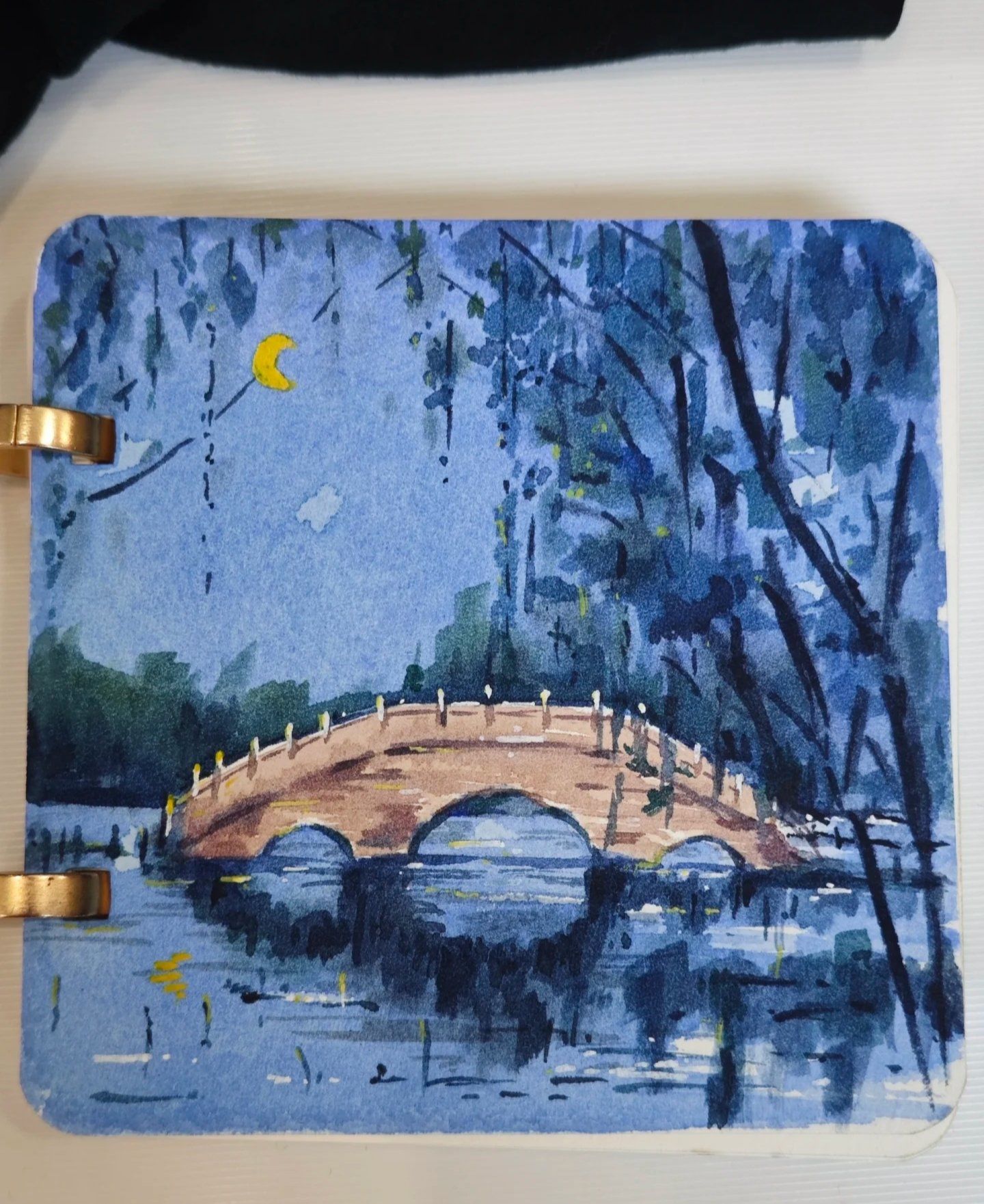 水彩 夜色小桥弯弯