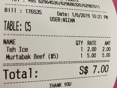 账单-新加坡Zam Zam餐馆