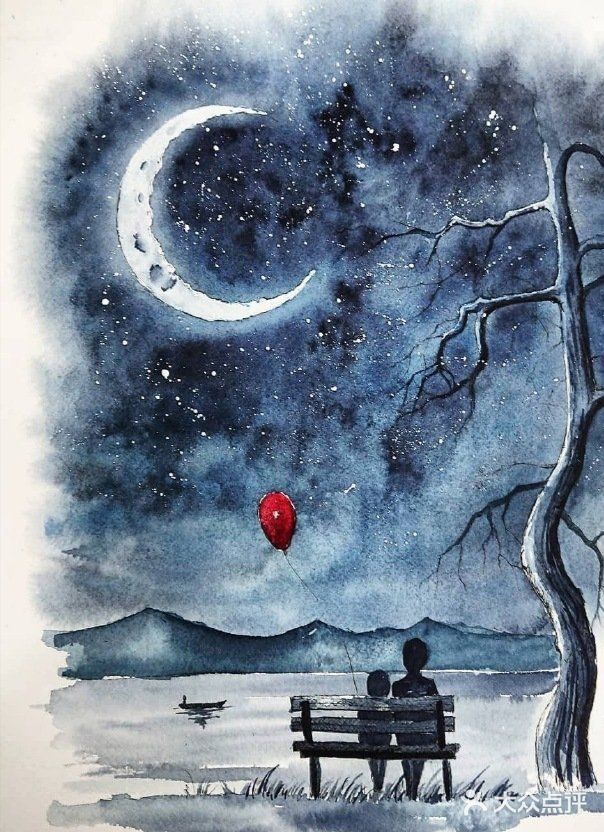 水彩🈷️夜的绘画，简直是美轮美奂💗💗