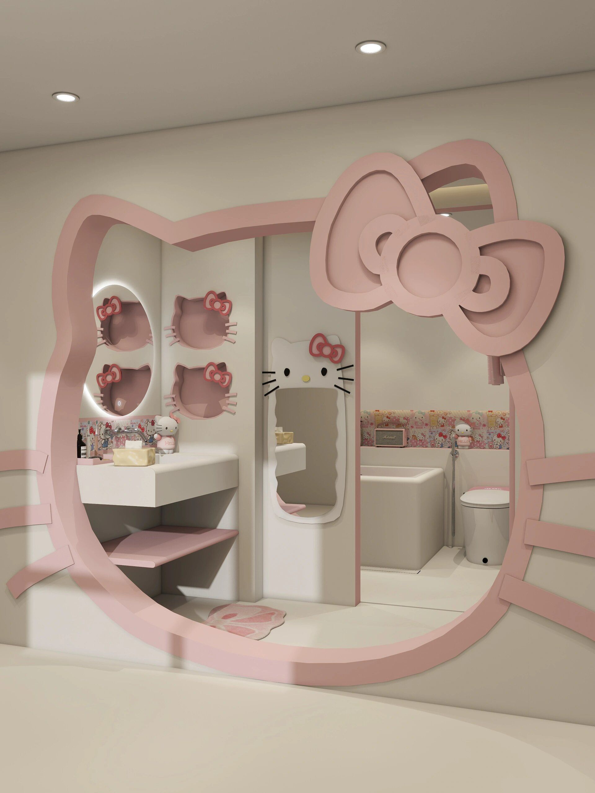 干区浴室柜做台下盆设计,
旁边还有hellokitty壁龛