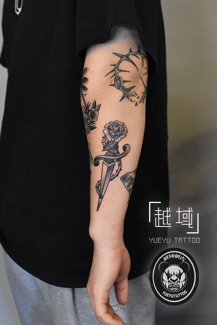 黑白oldschool花臂拼接纹身图案