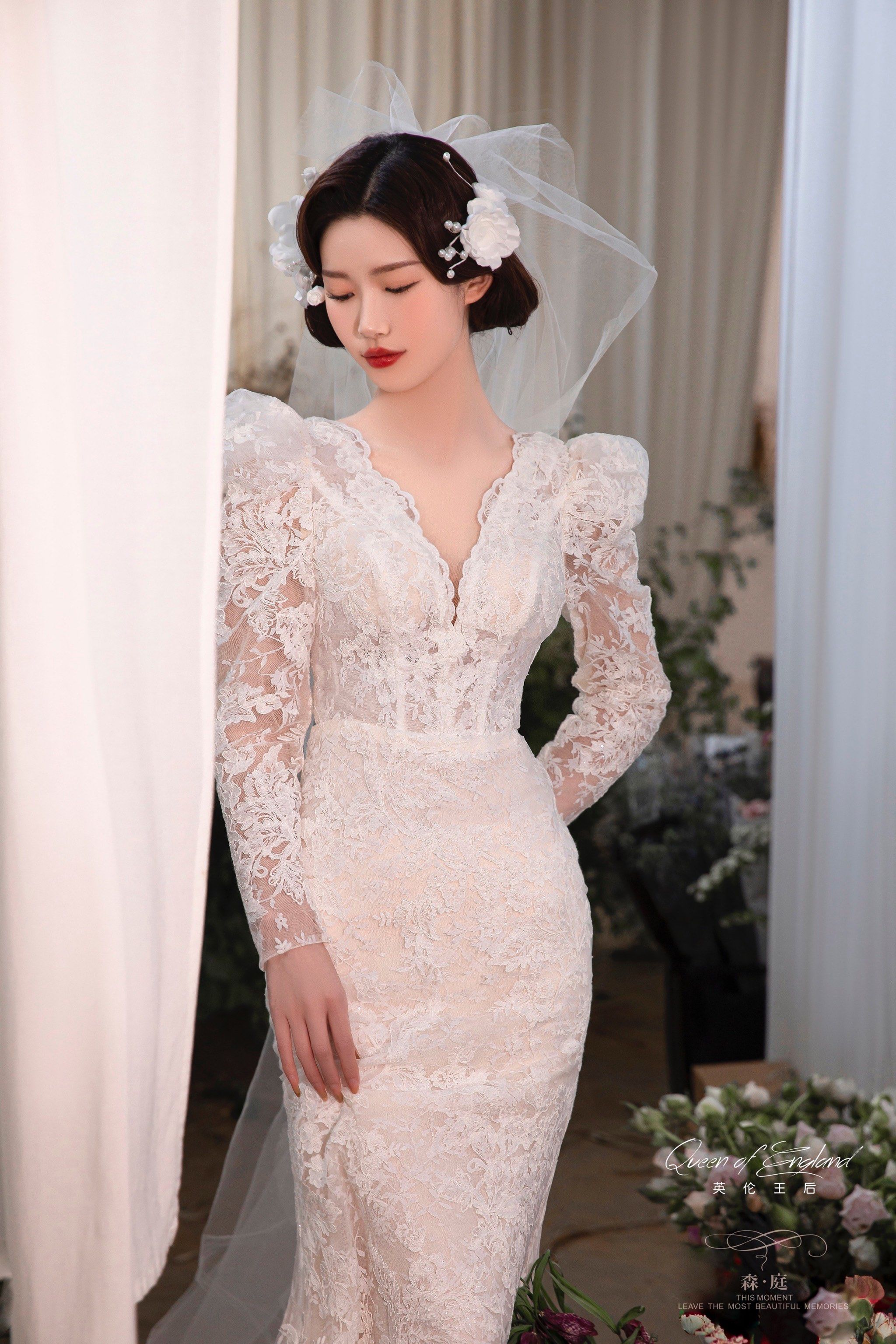 复古长袖蕾丝鱼尾婚纱