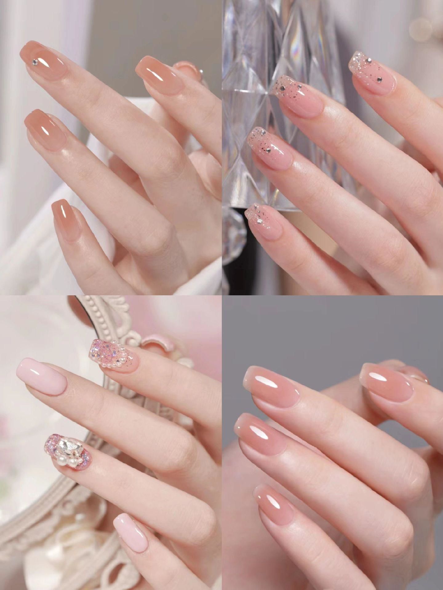 淡雅粉色浅粉混搭跳色搭配法式描金边亮片96装饰小短甲美甲合集