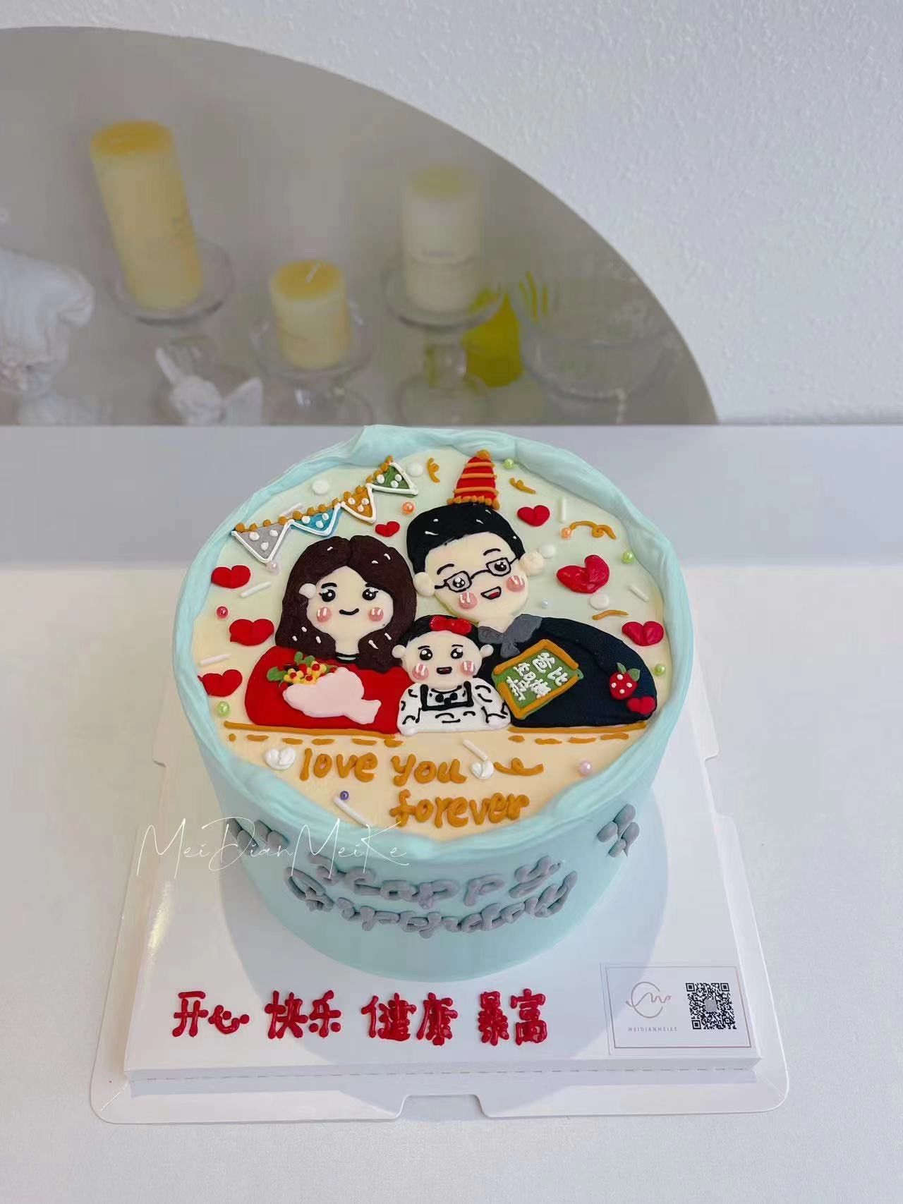 人气蛋糕推荐 #一家三口手绘蛋糕 「美点美客·生日蛋糕甜品台定制