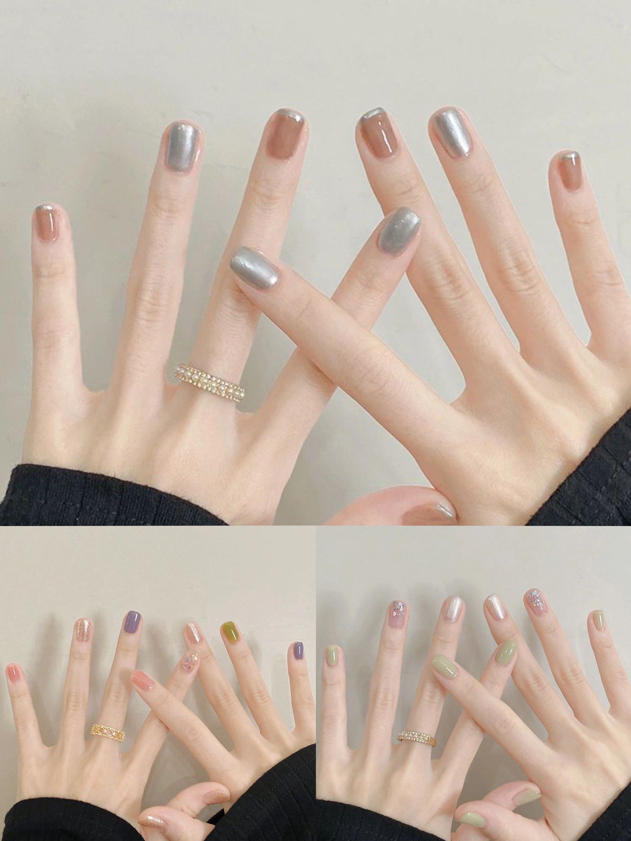 夏季金色系跳色甜美气质美甲,超级显白