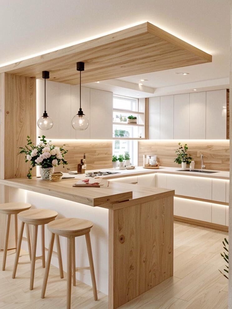 吧台➕开放式,9m²奶油原木厨房一眼惊艳👍