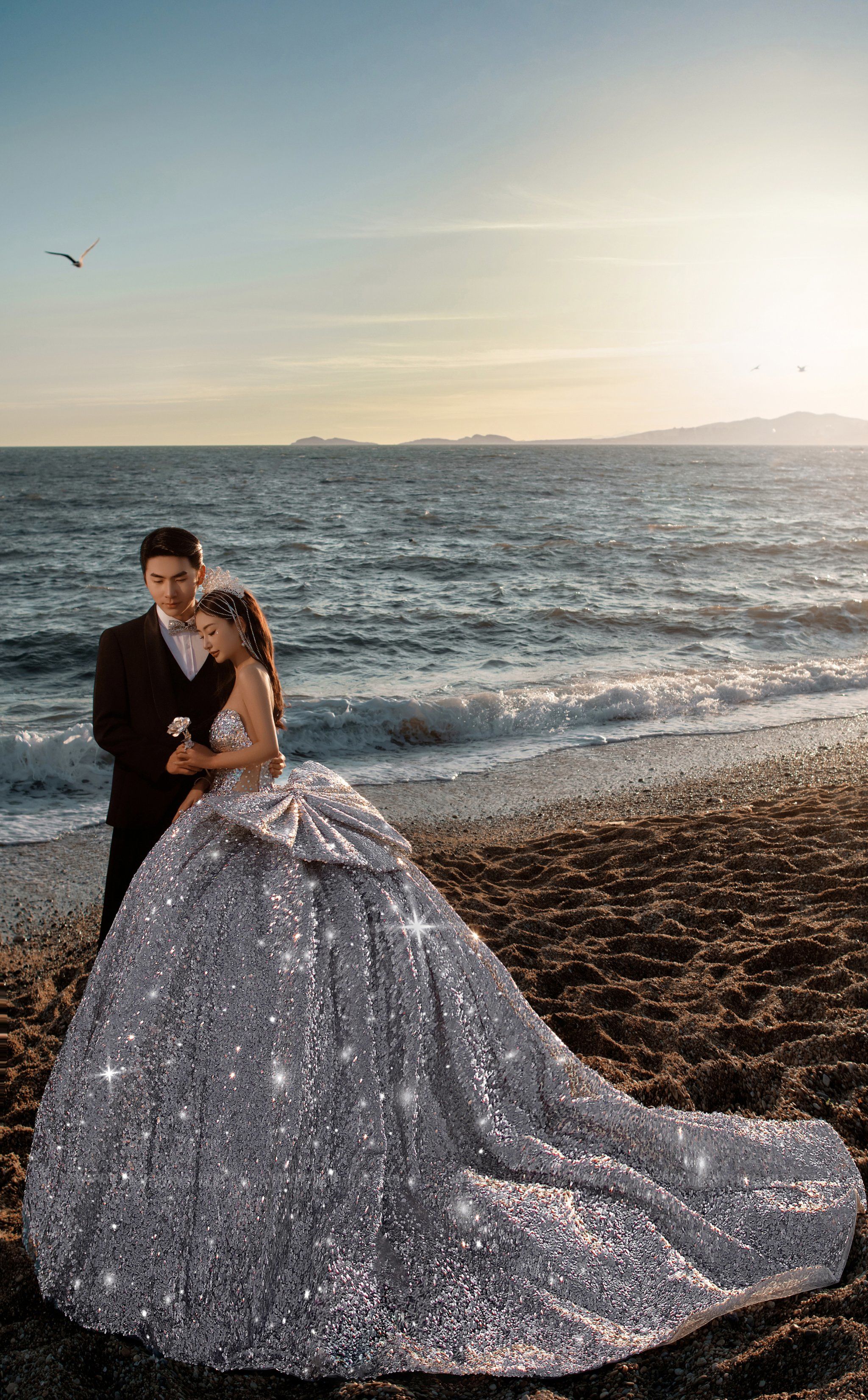 海风轻扬,婚纱飘飘,海边婚纱照完美呈现