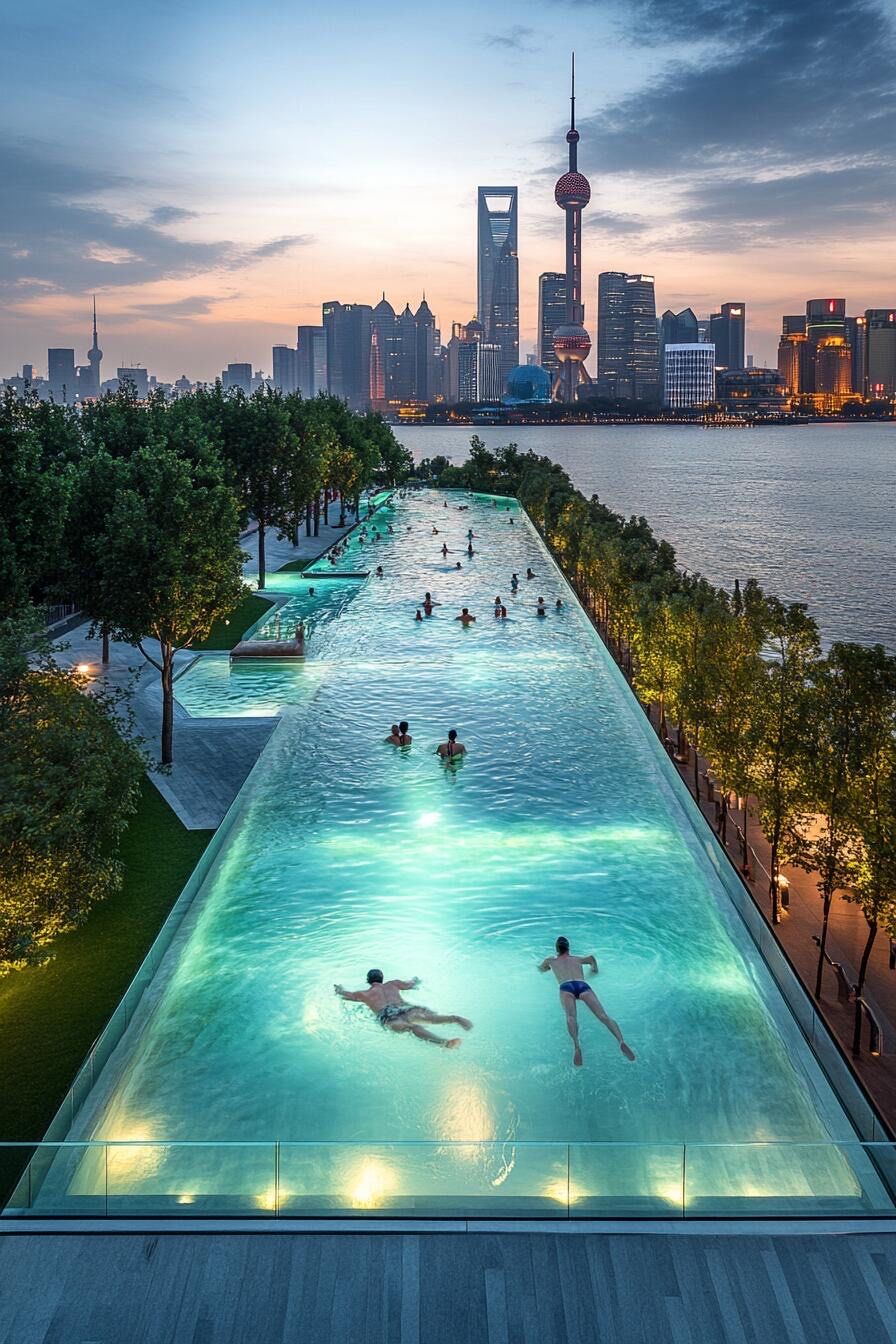 ai中的上海黄埔江畔,露天泳池邂逅夏天