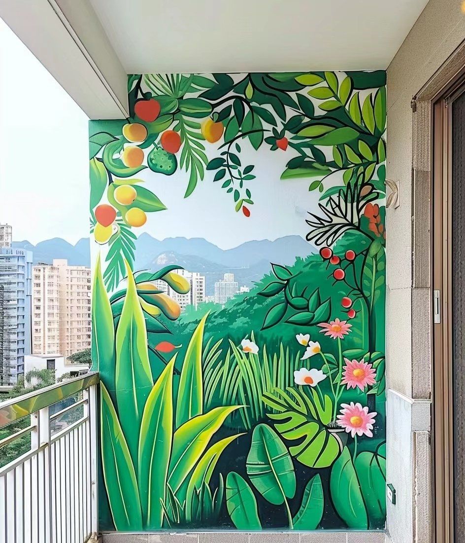 阳台绿植手绘墙,真的治愈感满满#墙体彩绘 #生活的极致一定是简与静
