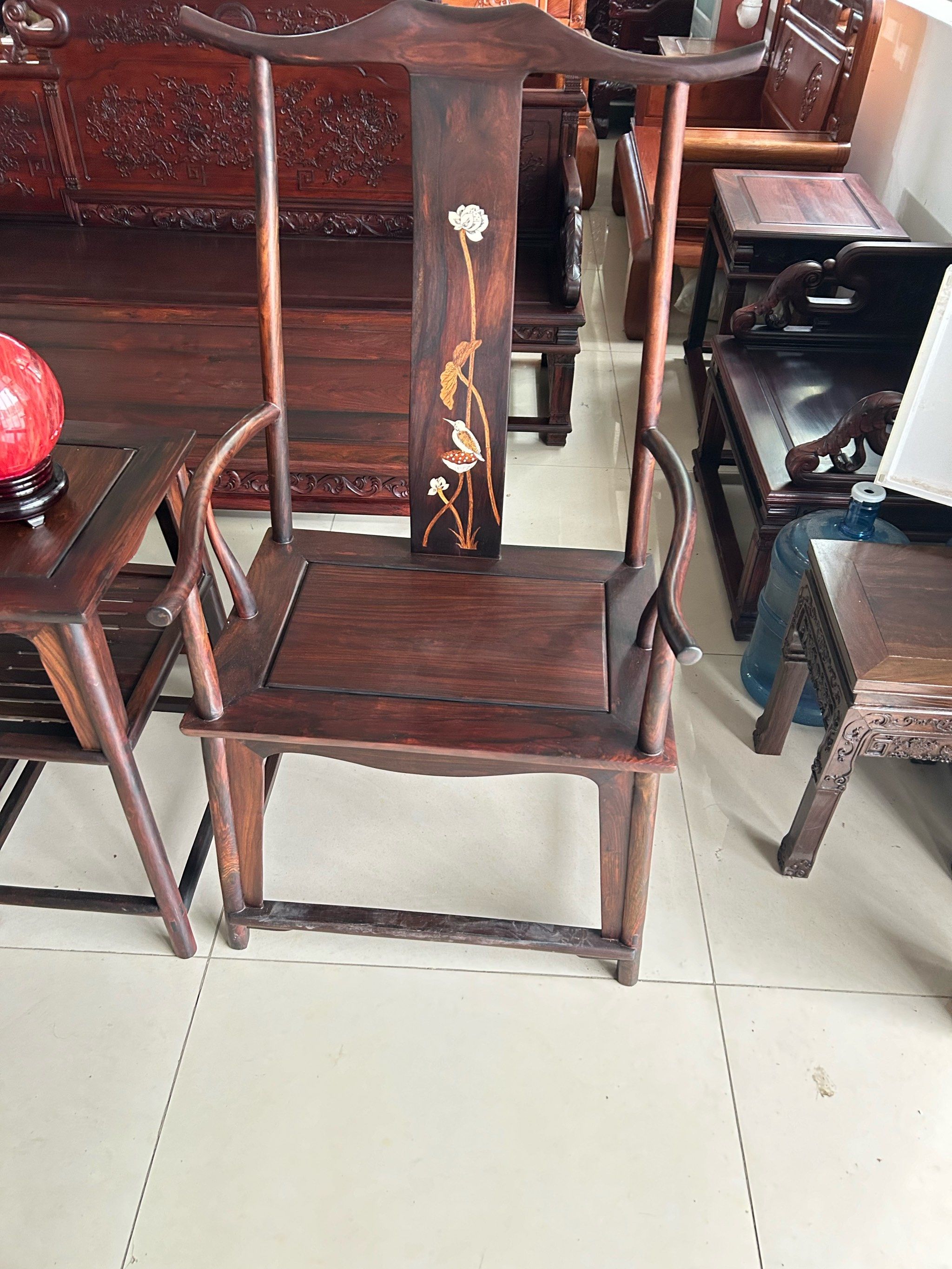 老挝大红酸枝交趾黄檀官帽椅三件套