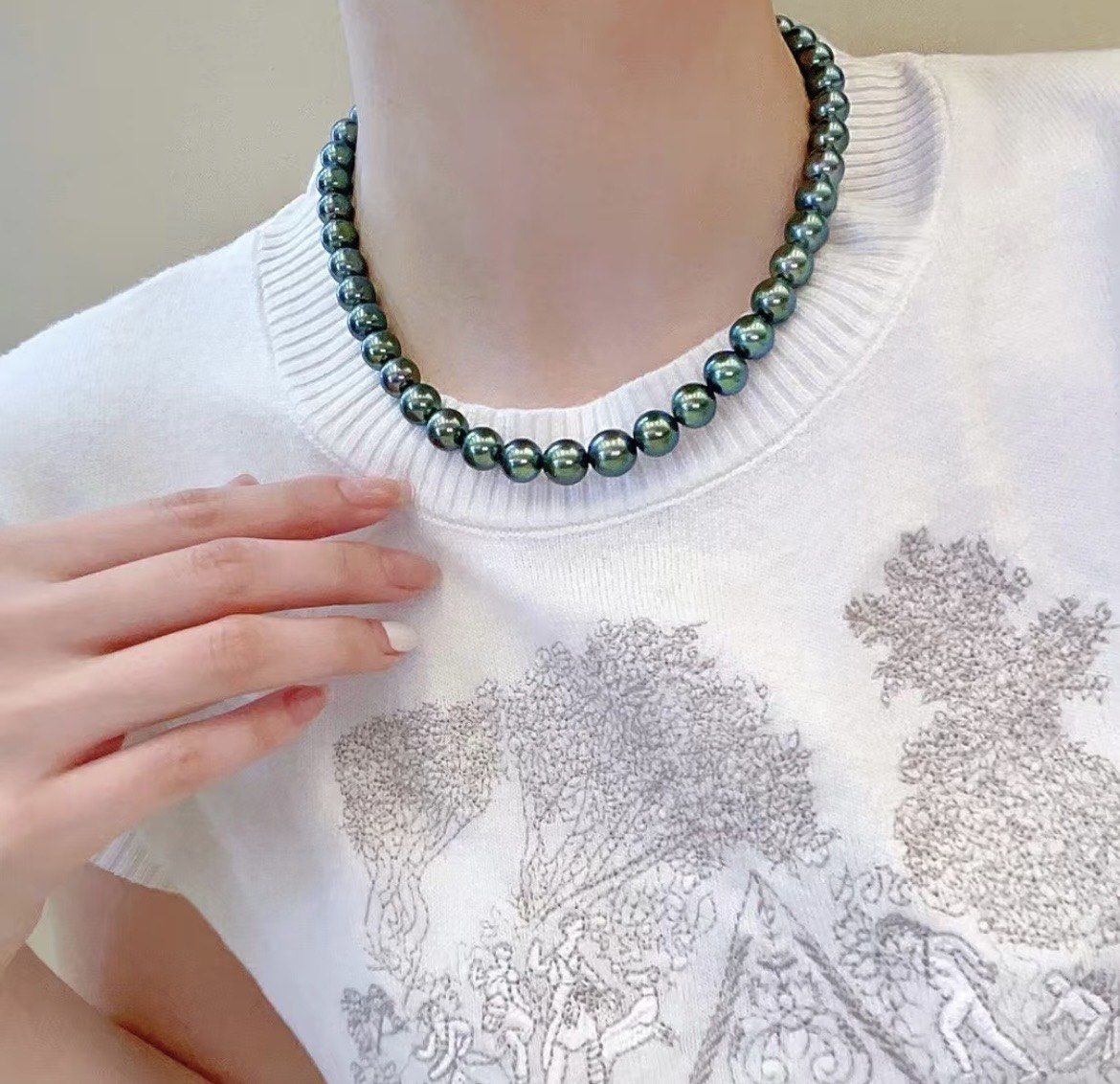绿油油大溪地孔雀绿珍珠串链