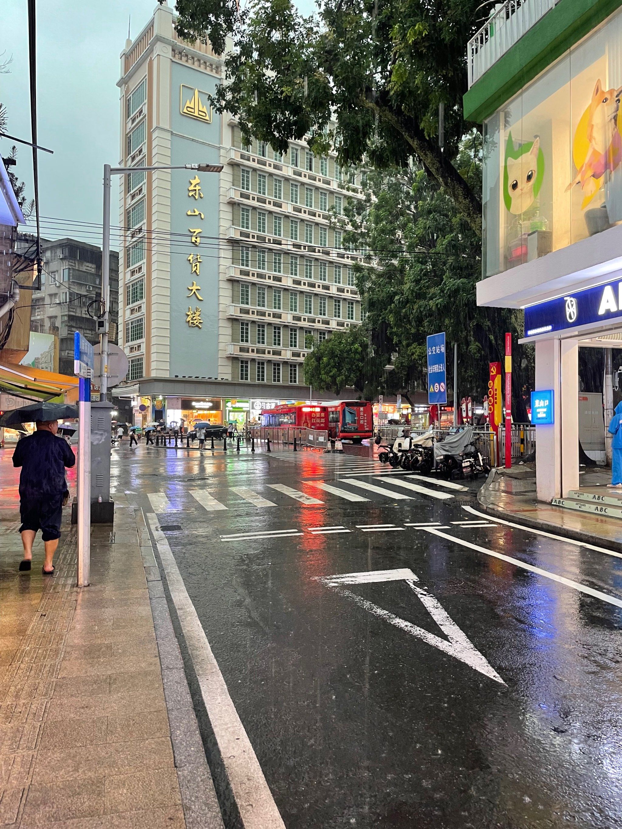 下的东山百货大楼,第一次出门碰到这么大的暴雨,拍下闹市里的雨中街景