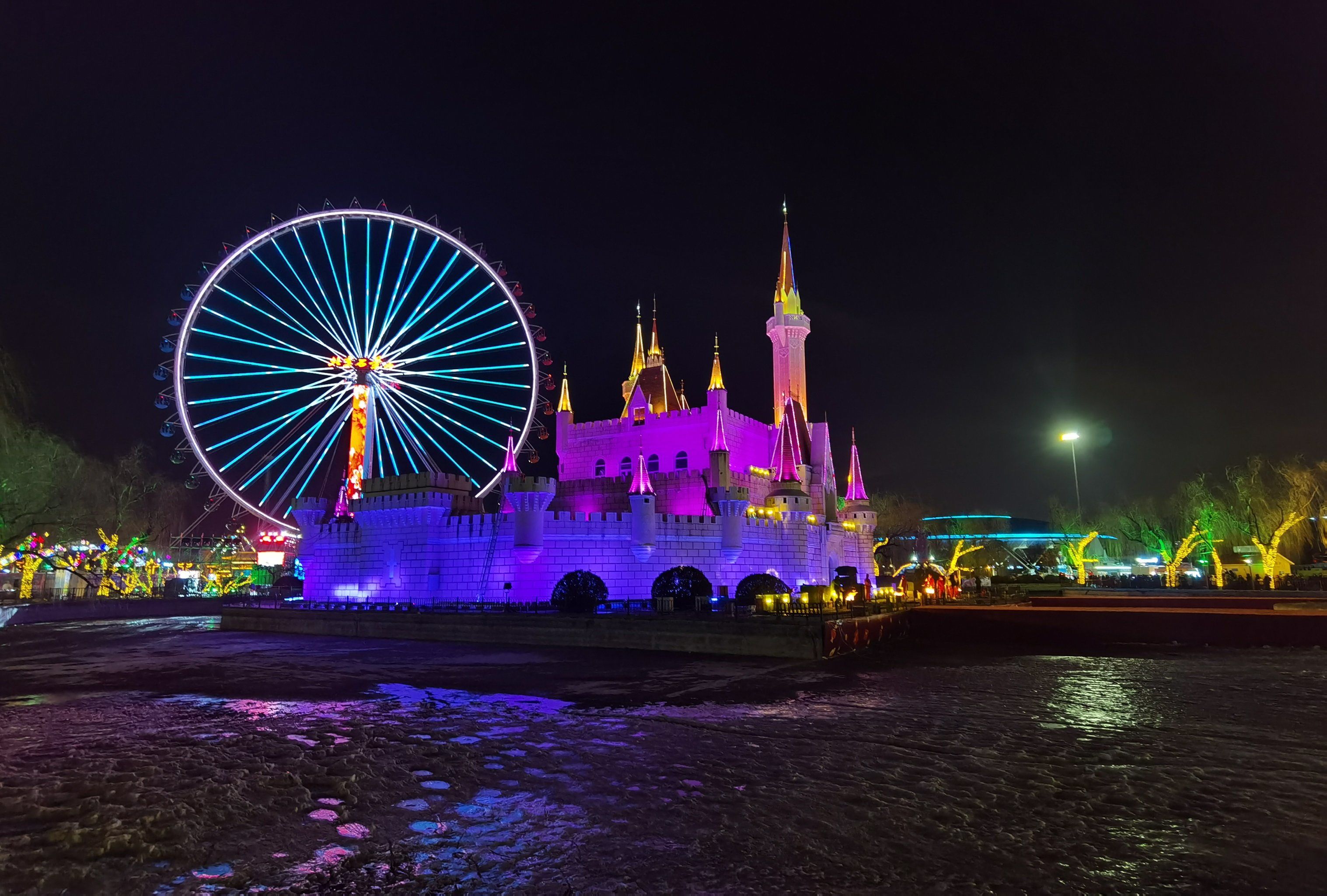 🌟✨这个地方的夜景真的绝了,灯光效果超赞
摩天轮和城堡的组合