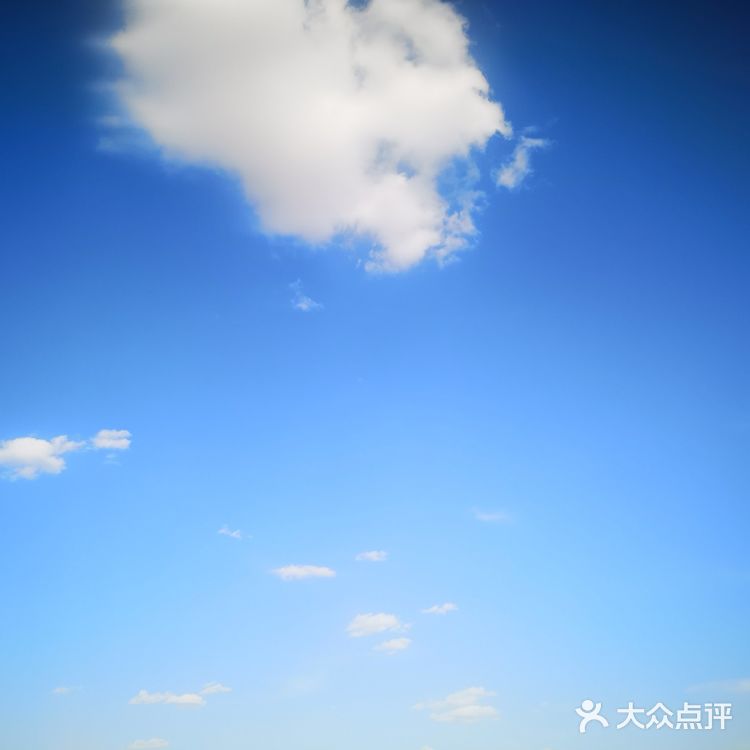 天空很蓝，几朵白云就像是画上去似的，天空和白云都很干净