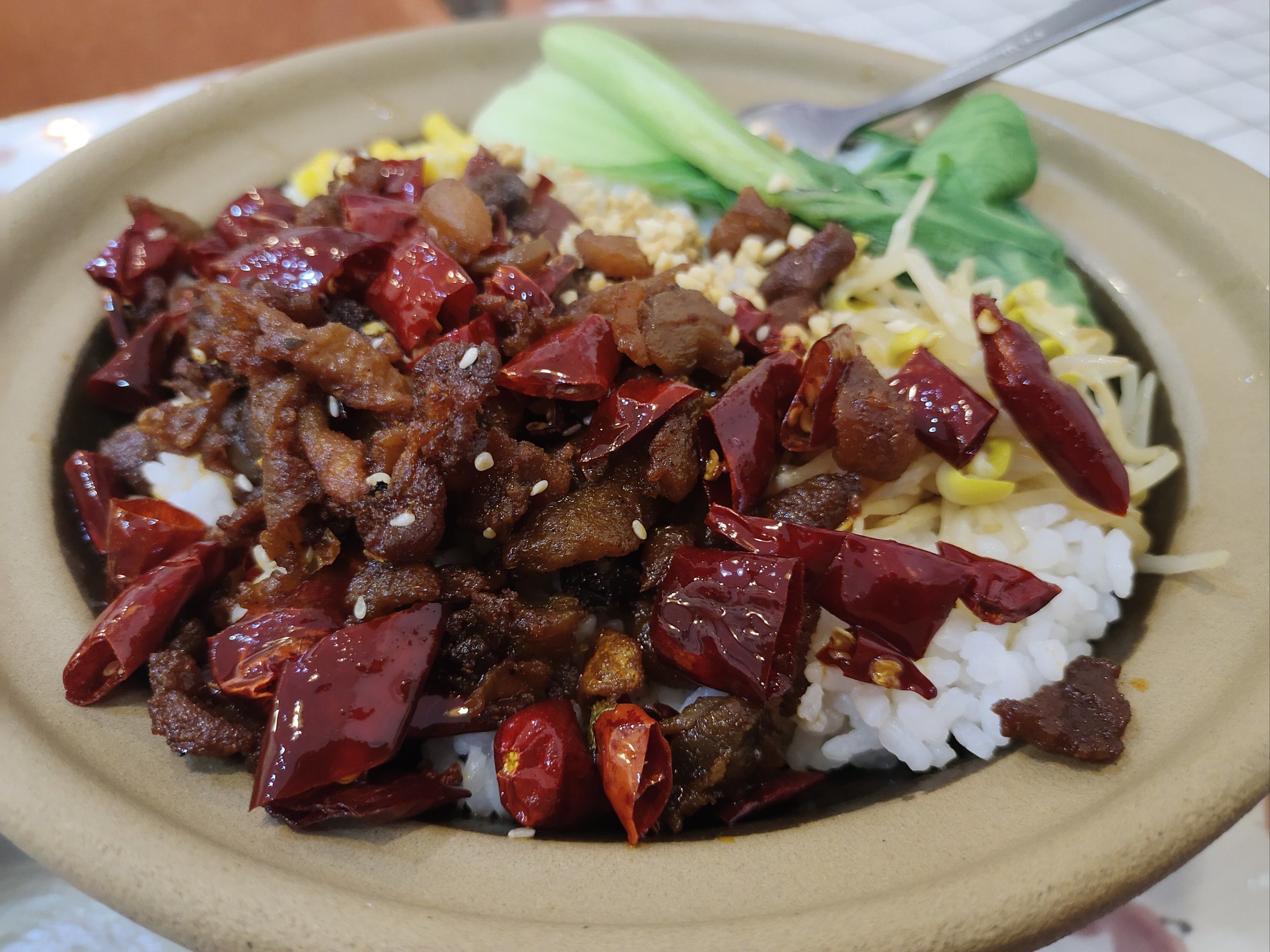 n 
辣子鸡盖饭一端上来,香味瞬间把