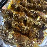 串成串，撒盐，孜然粉，辣椒粉，孜然粒，烤箱200度