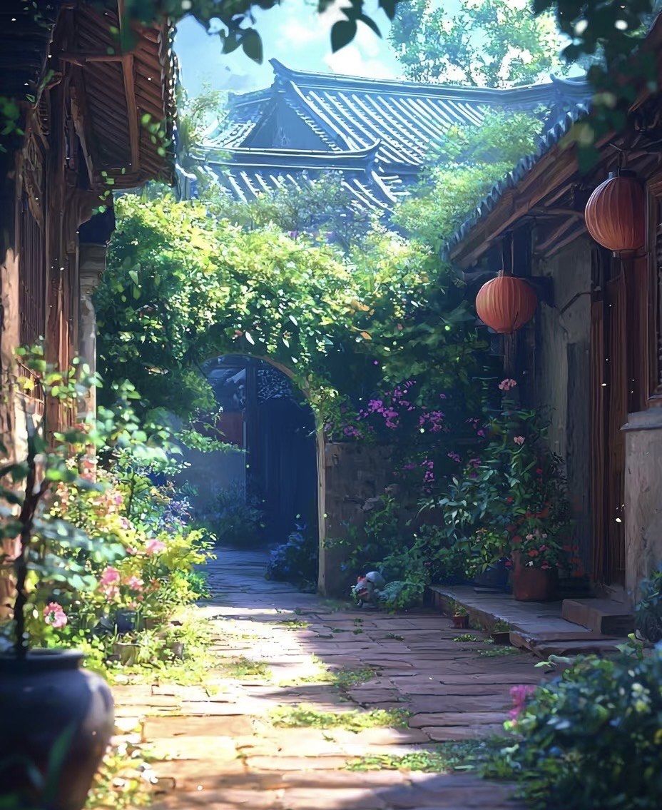 的屋檐,在地面勾勒出不规则的光影,恰似一幅天然的水墨画,古朴又唯美