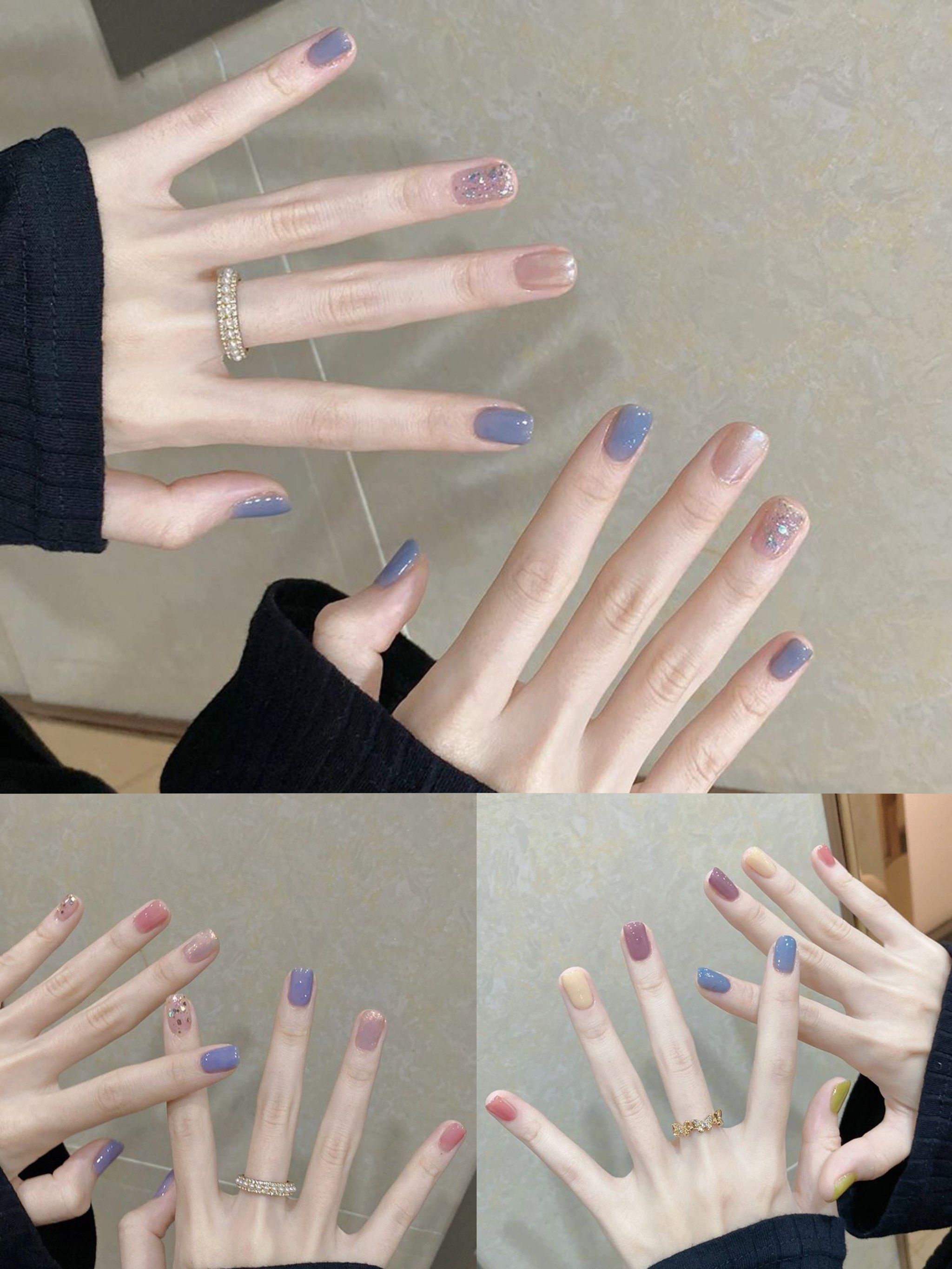 秋季雾霾蓝色系跳色亮片甜美气质美甲