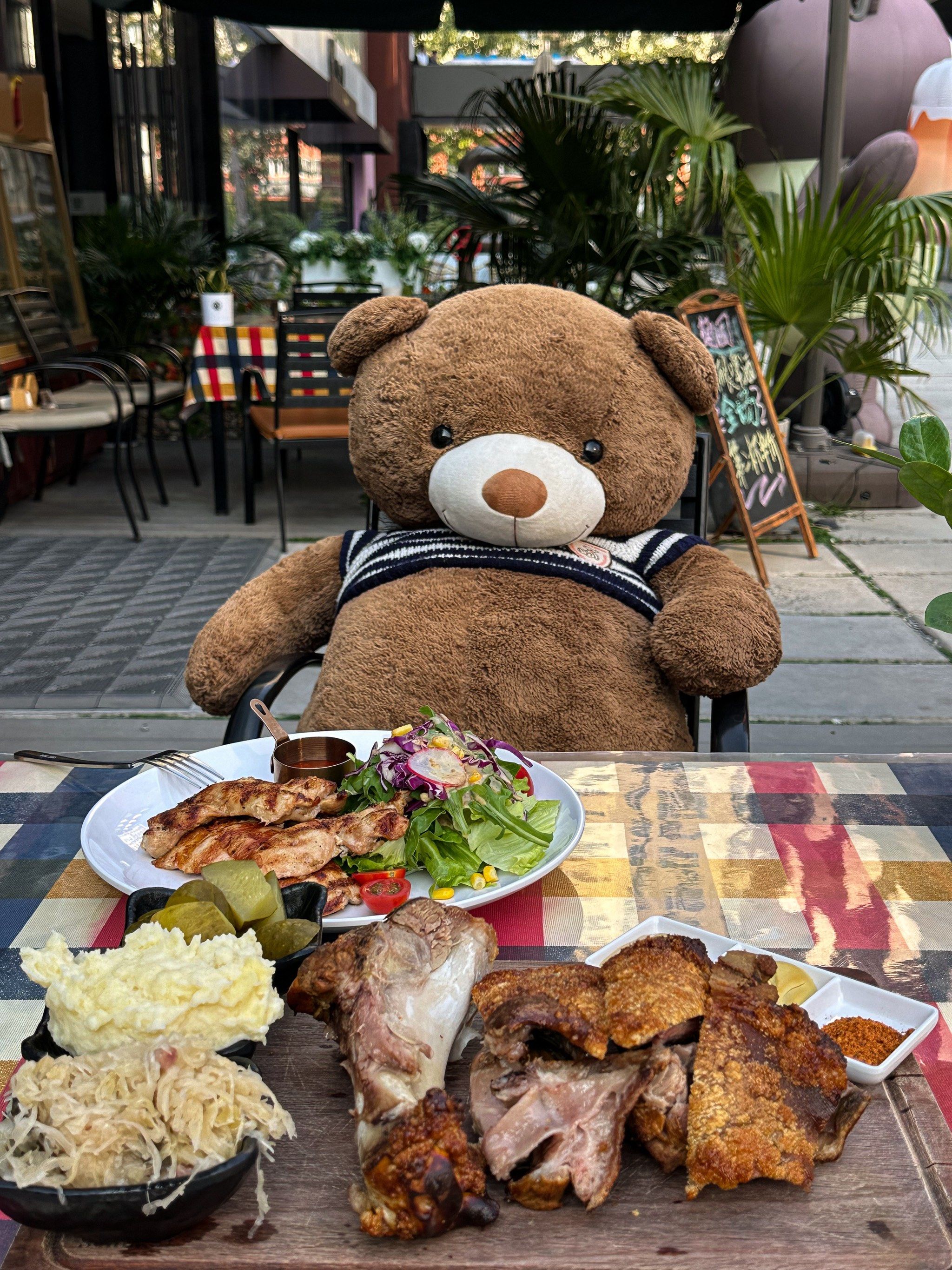 在美丽的园区里和小熊一起吃饭