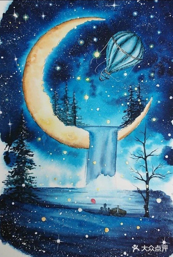 水彩🈷️夜的绘画，简直是美轮美奂💗💗