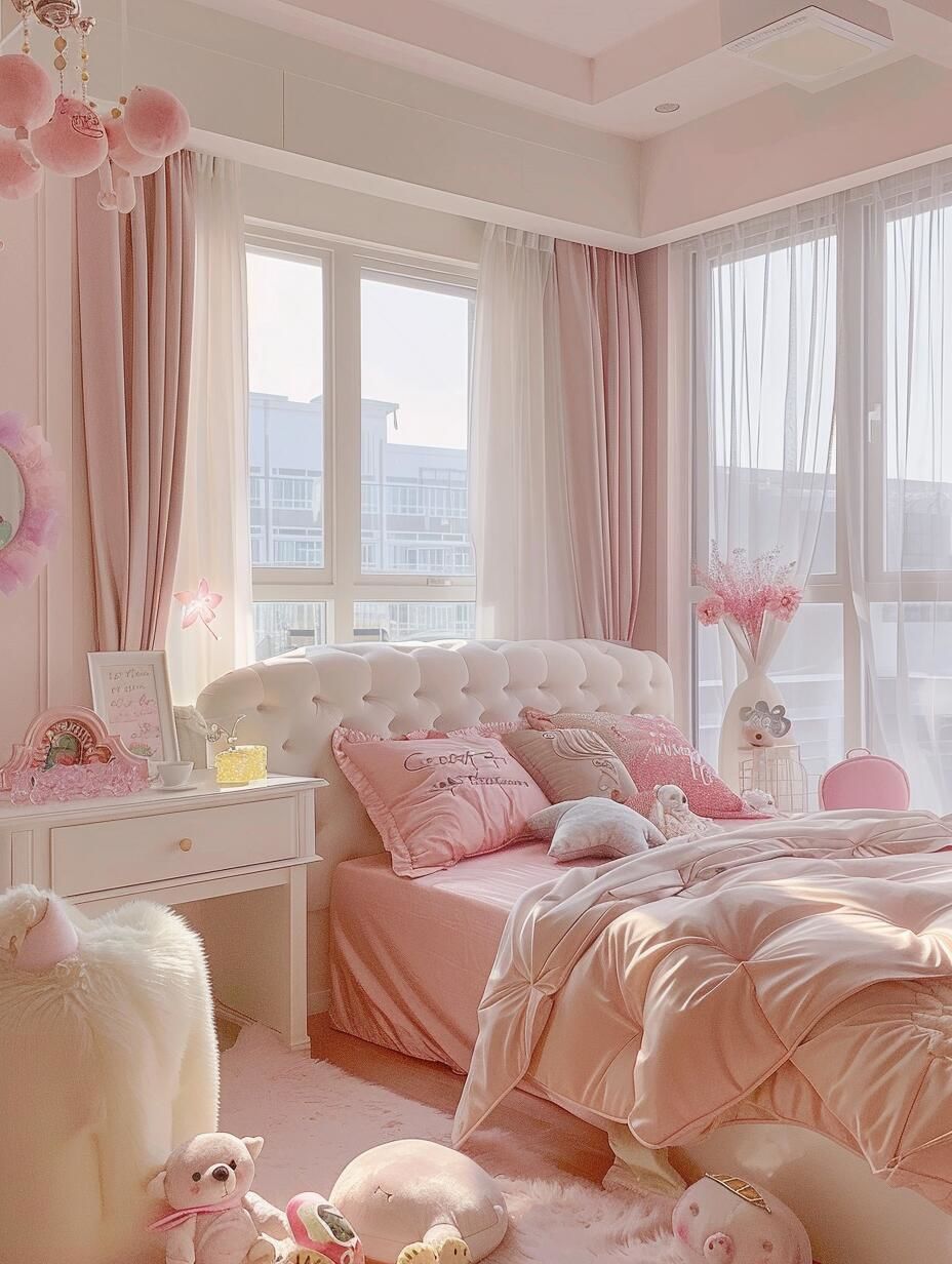 n第一,整个房间都是粉色系,从墙面到家具,满满的少女心