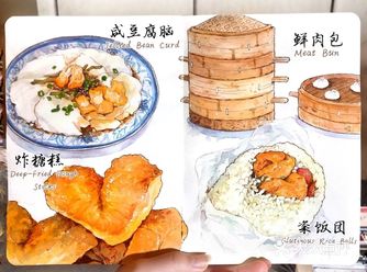 一位宁来自波的小姐姐的食物水彩画，画了很多宁波的早点
