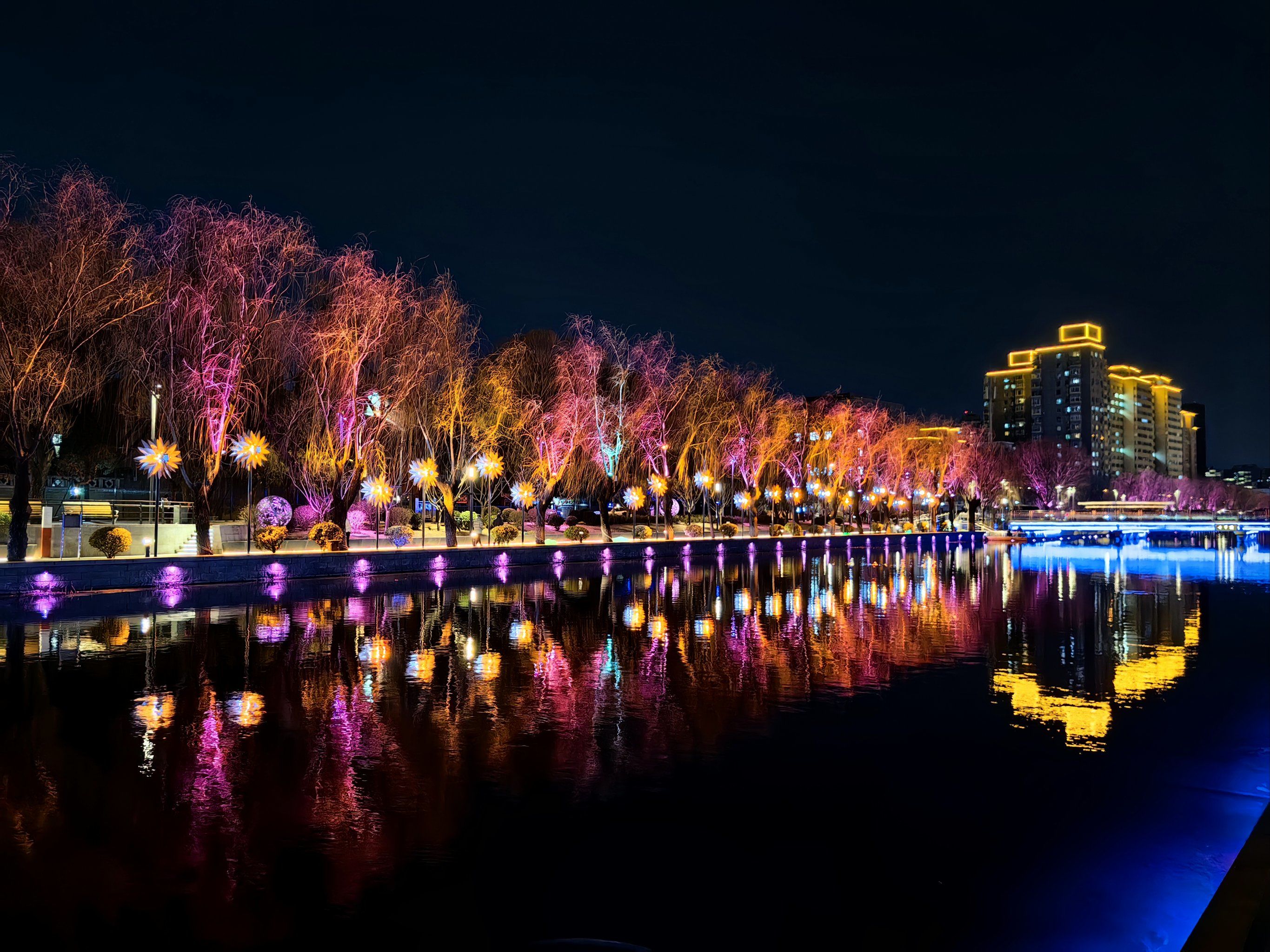 去健身的来和回的路上,亮马河河边的日落🌇和夜景灯光,美丽的火树