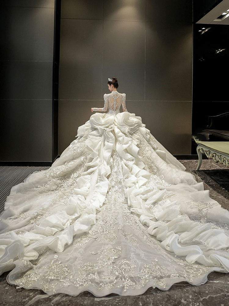 法式复古婚纱新款新娘奢华重工大拖尾高