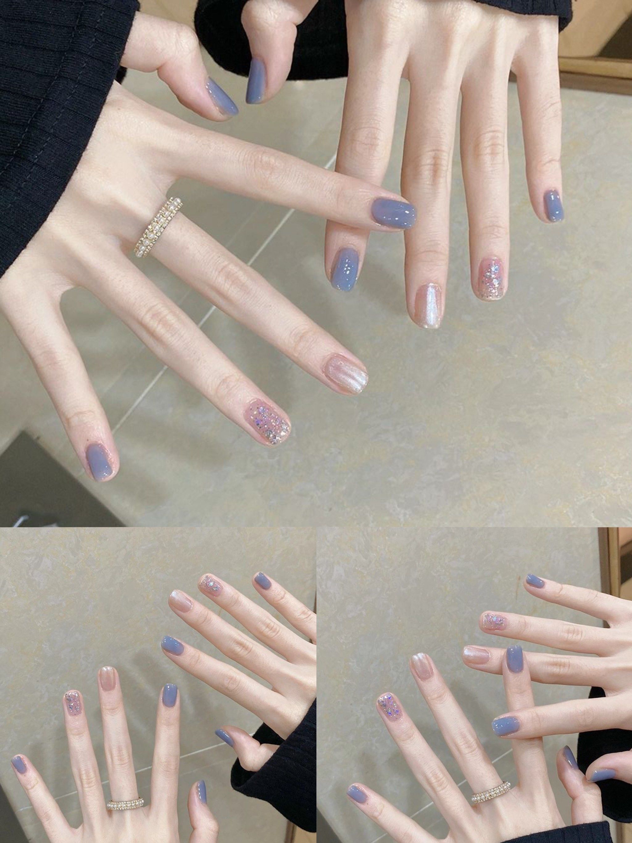 秋季超级显白的雾霾蓝跳色亮片甜美美甲