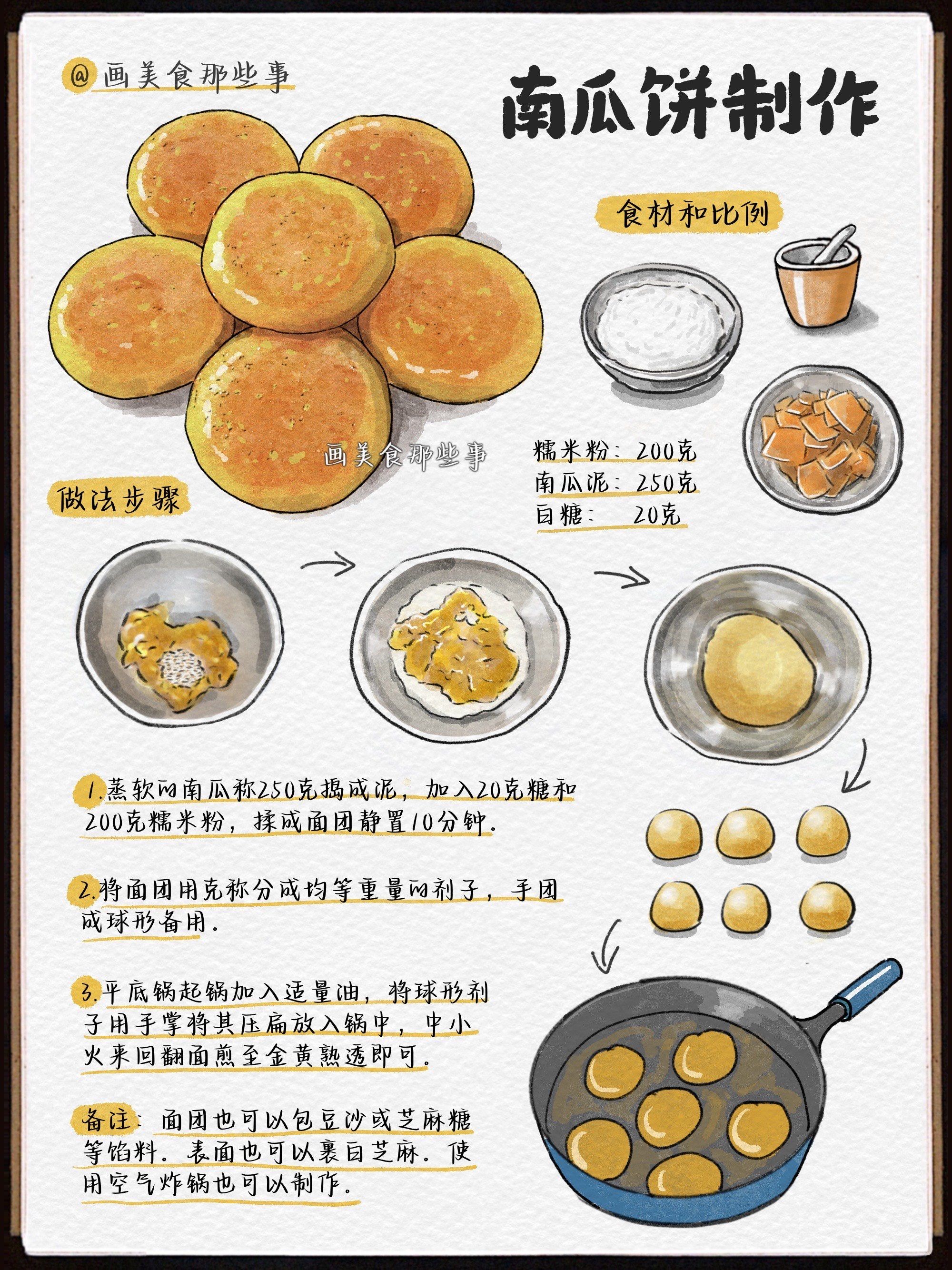 今天手绘食谱分享的是南瓜饼做法教程,做法也简单,口感香甜软软糯糯