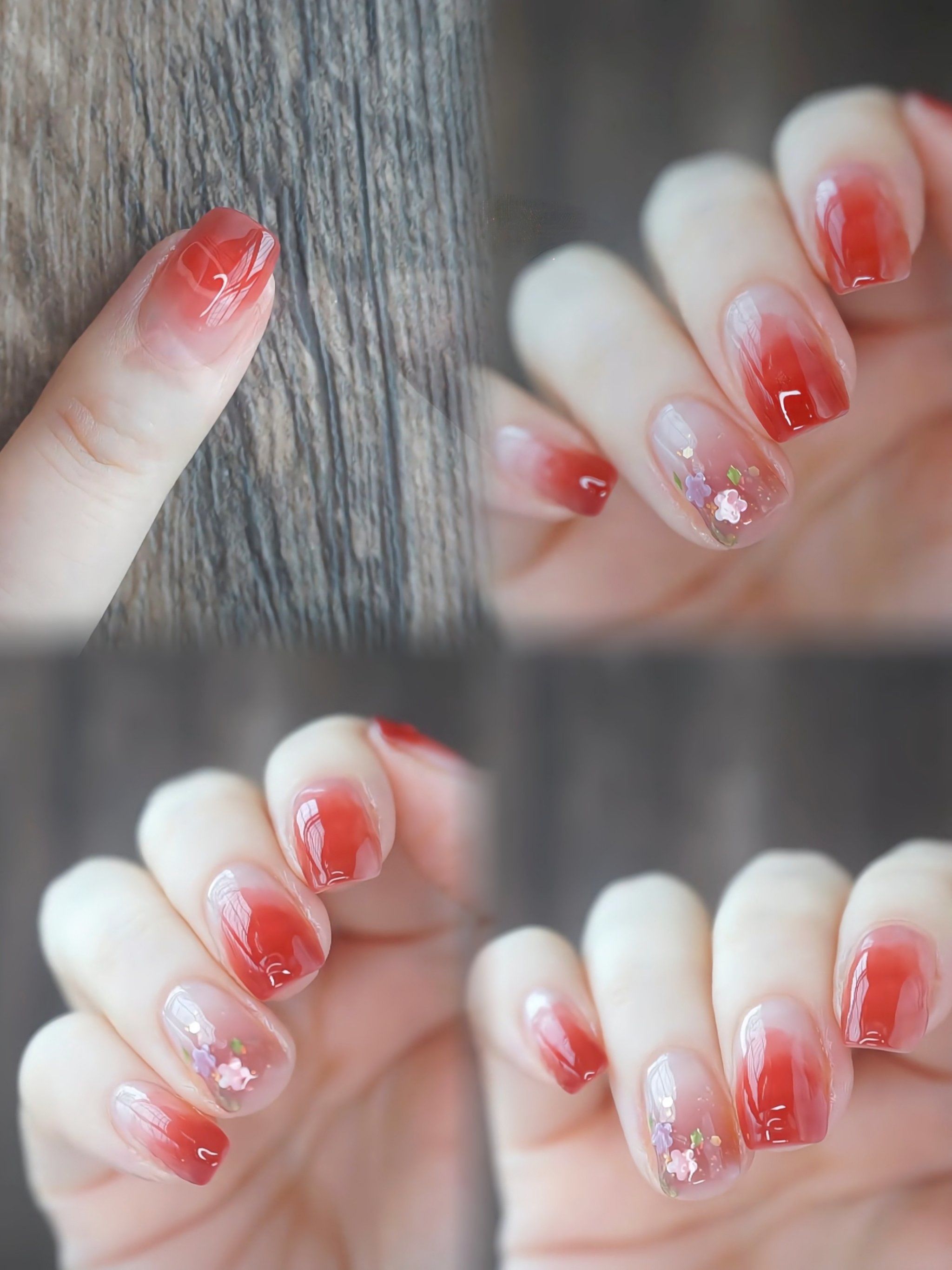 渐变珊瑚红花朵美甲🌸桃花走过整个秋